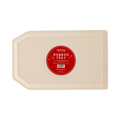 Back of festive bamboo tray showing My Mind’s Eye label, eco-friendly Christmas serveware available in Toronto.