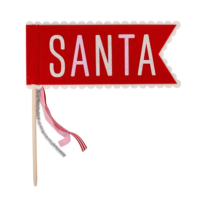 Red felt Santa pennant flag with ribbons and dowel.