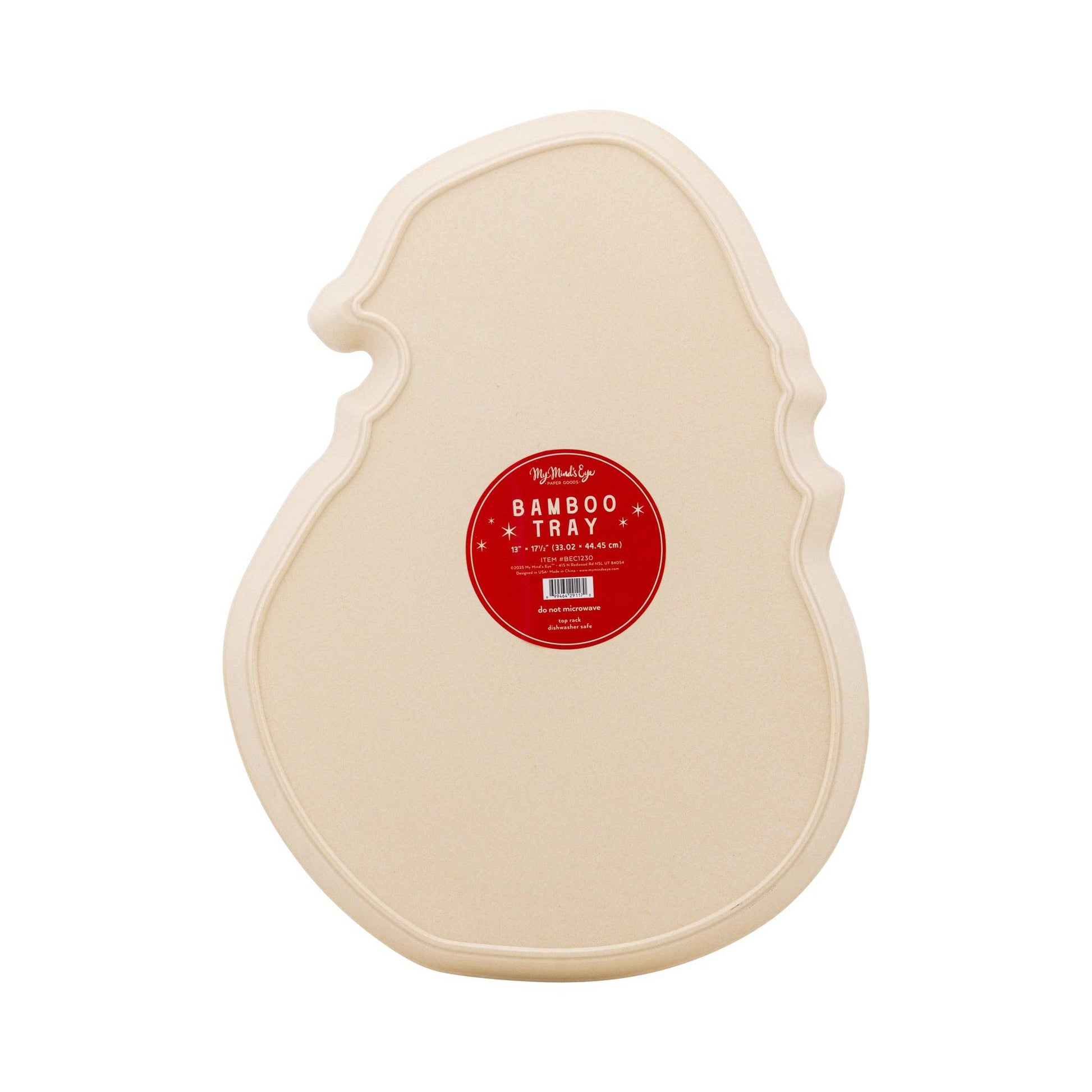 Back of Santa bamboo tray showing red My Mind’s Eye label, Toronto holiday serveware.