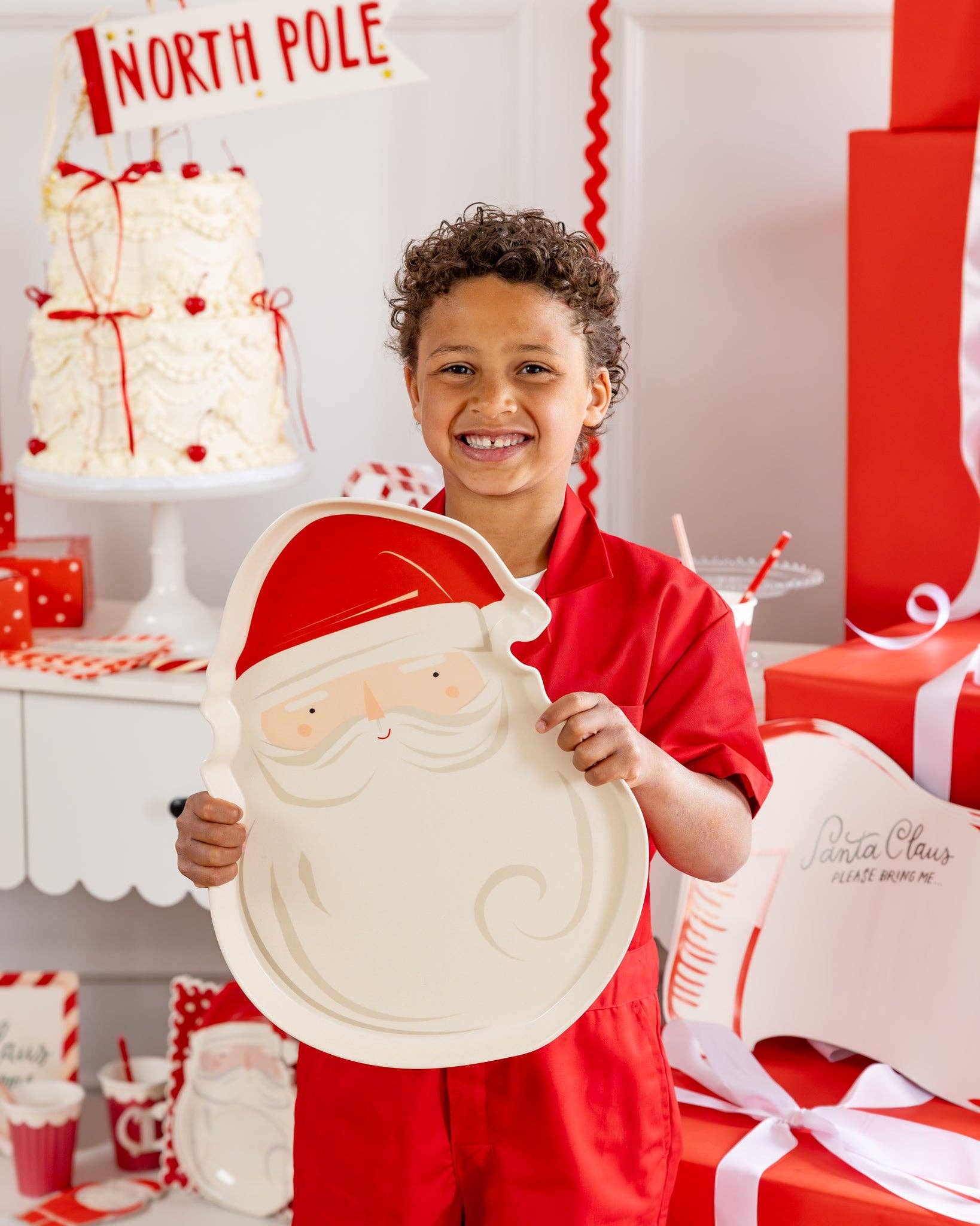 Santa bamboo tray styled with festive décor and North Pole theme, ships across Canada.