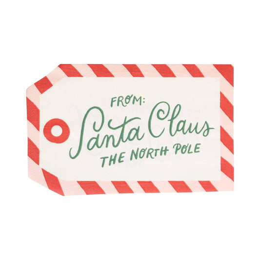 Christmas napkin shaped like a festive gift tag with ‘From Santa Claus The North Pole’ design, perfect for holiday parties, available in Toronto and shipping across Canada.