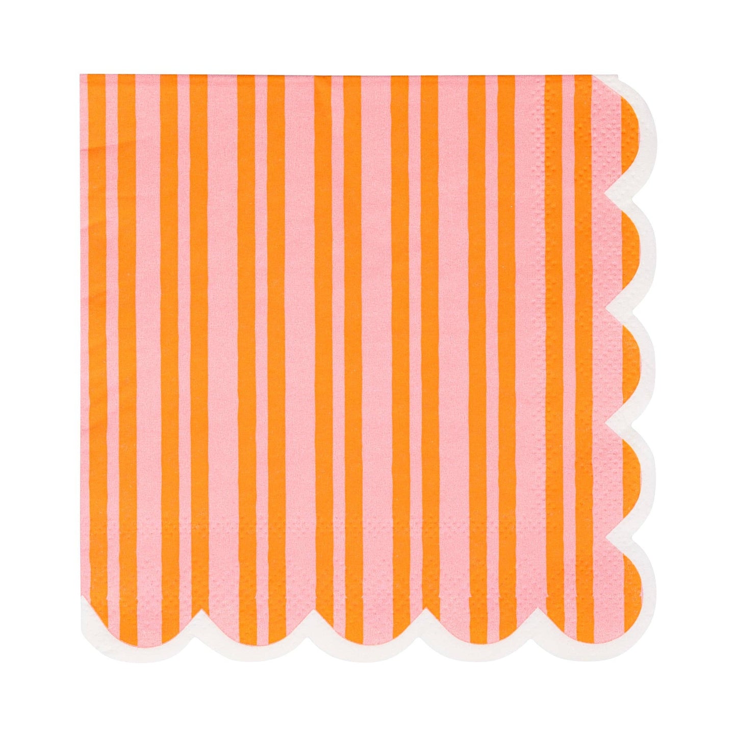 Scallop-edged napkin with pink and orange vertical stripes on a white background