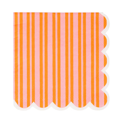 Scallop-edged napkin with pink and orange vertical stripes on a white background