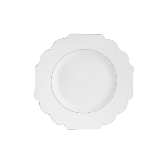 scalloped white and gold dessert plate