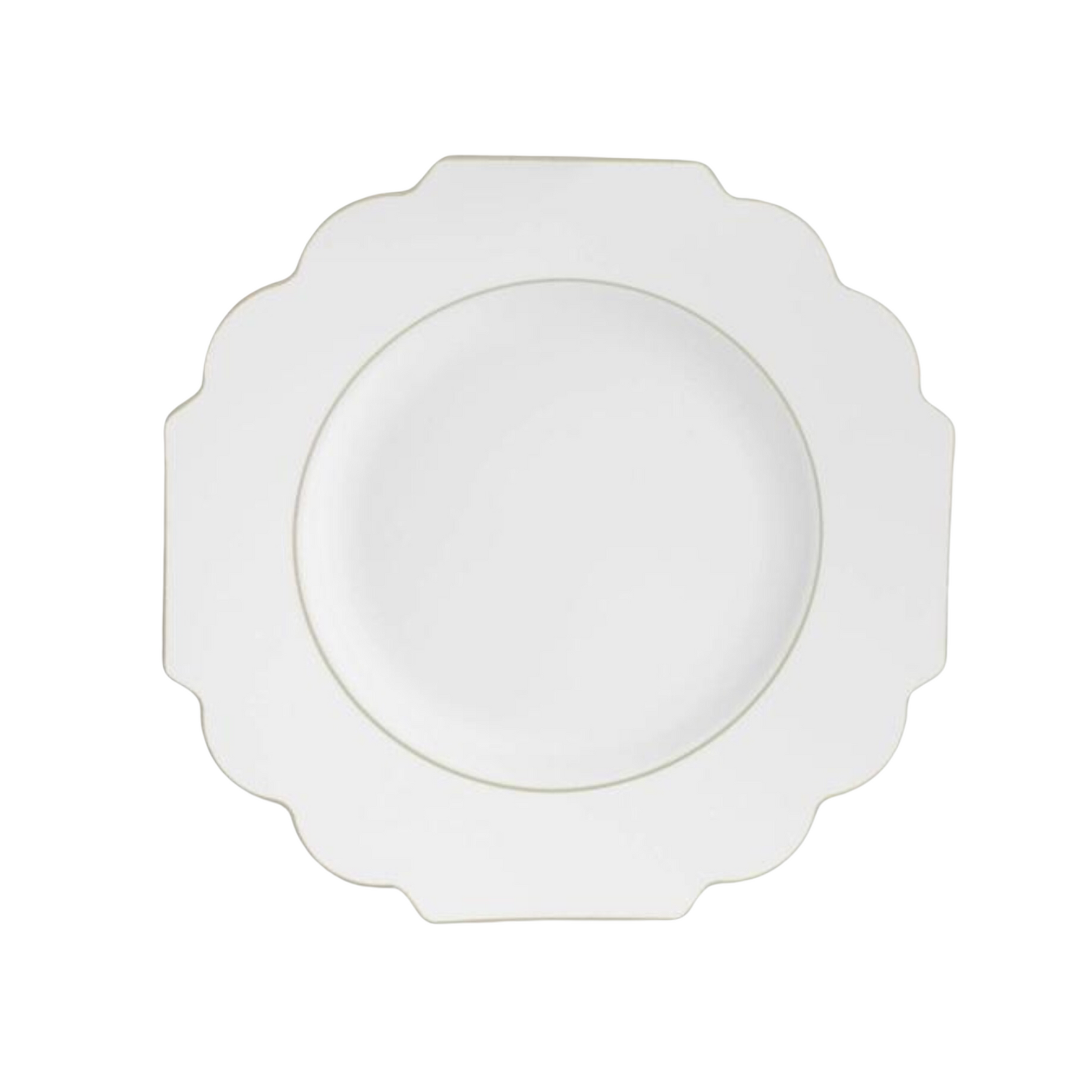 plastic white dinner plate with scalloped gold edge