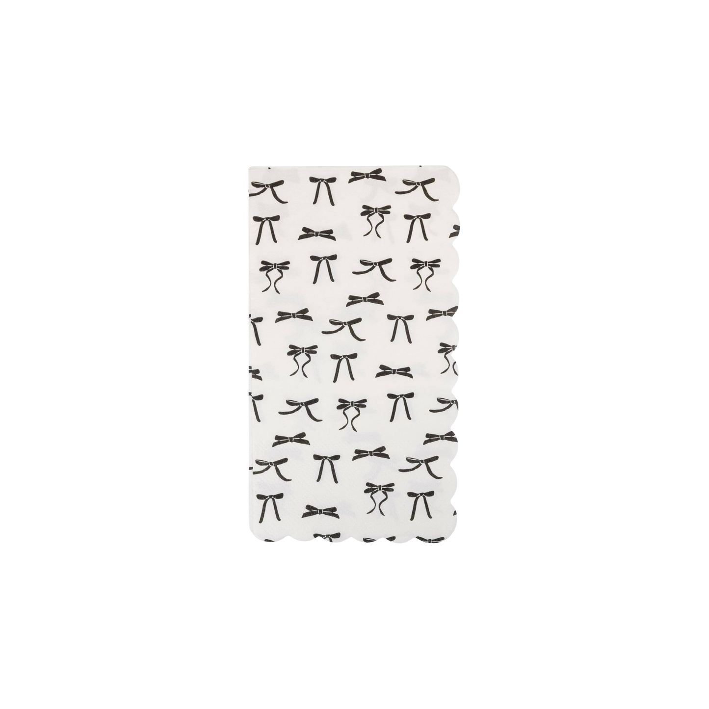 pack of 24 white scalloped dinner napkins with black scattered bow designs. Sold at Confetti my party and fast shipping Canada wide.