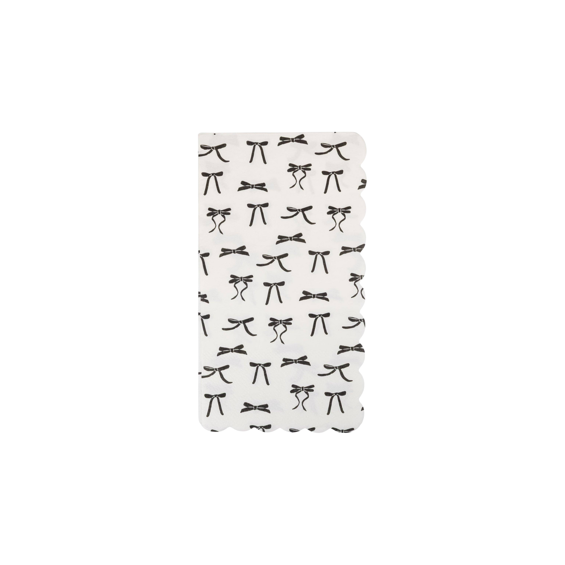 pack of 24 white scalloped dinner napkins with black scattered bow designs. Sold at Confetti my party and fast shipping Canada wide.