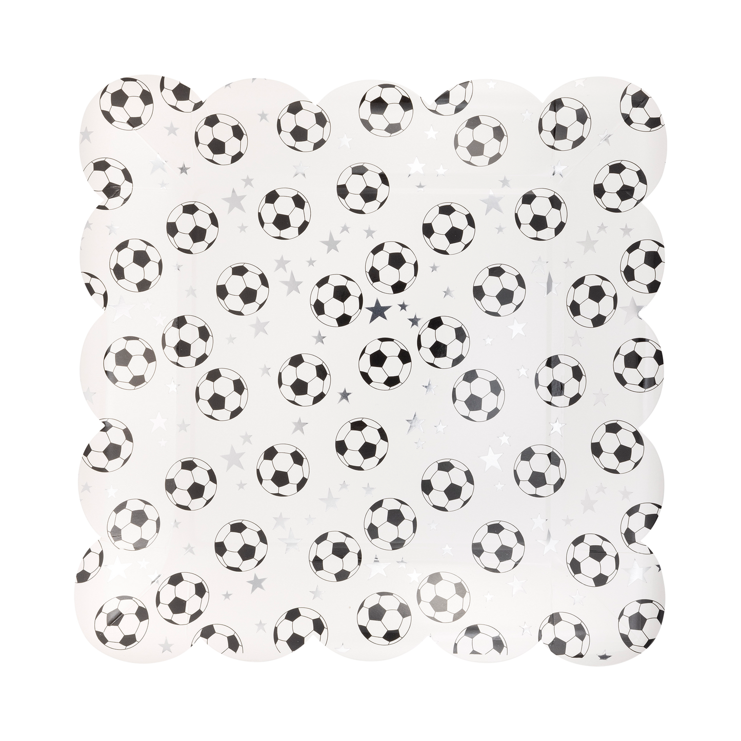 Scatter soccer ball dinner napkins with black and white soccer print, sold in Toronto at Confetti My Party
