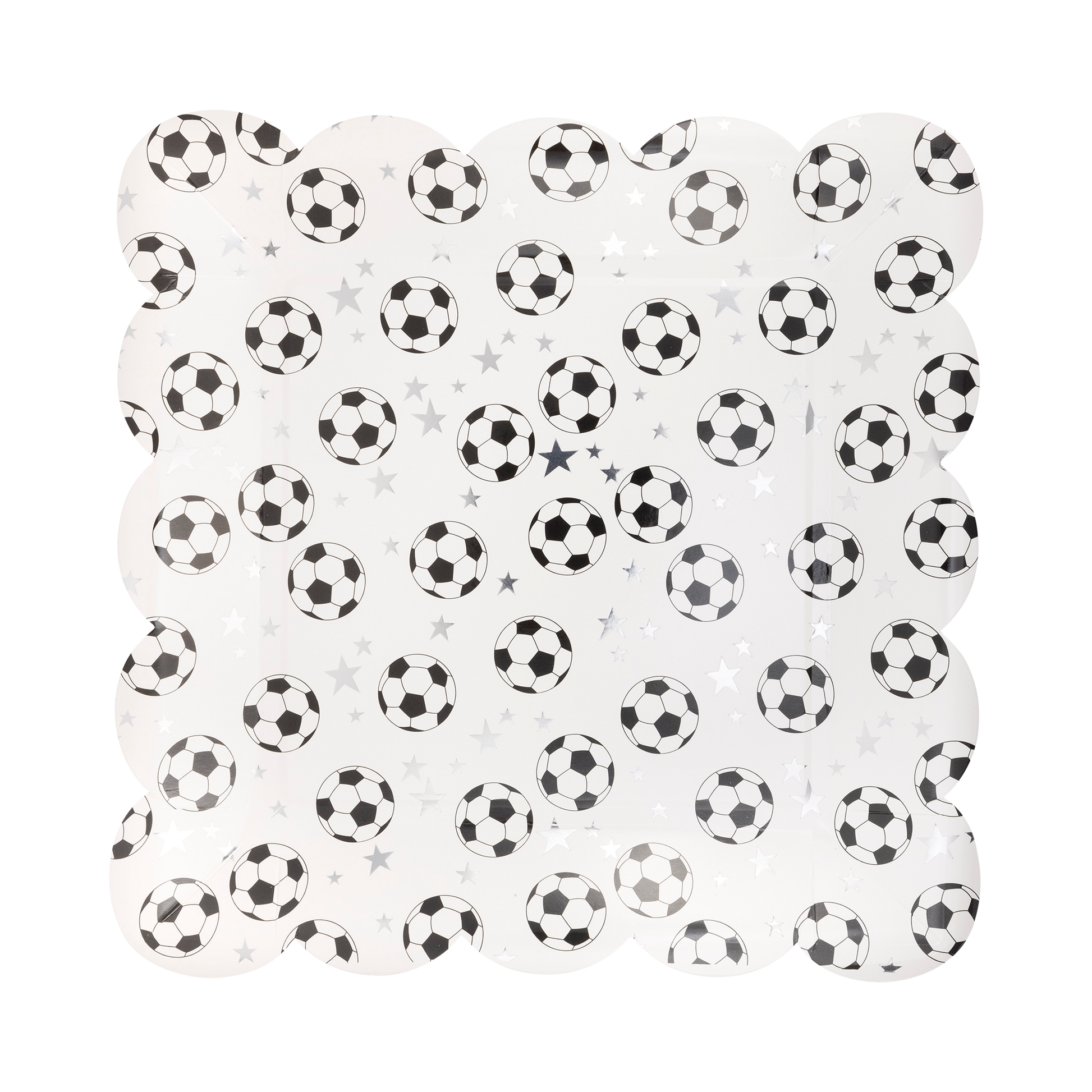 Scatter soccer ball dinner napkins with black and white soccer print, sold in Toronto at Confetti My Party
