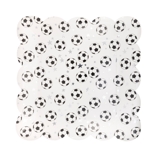 Scatter soccer ball dinner napkins with black and white soccer print, sold in Toronto at Confetti My Party
