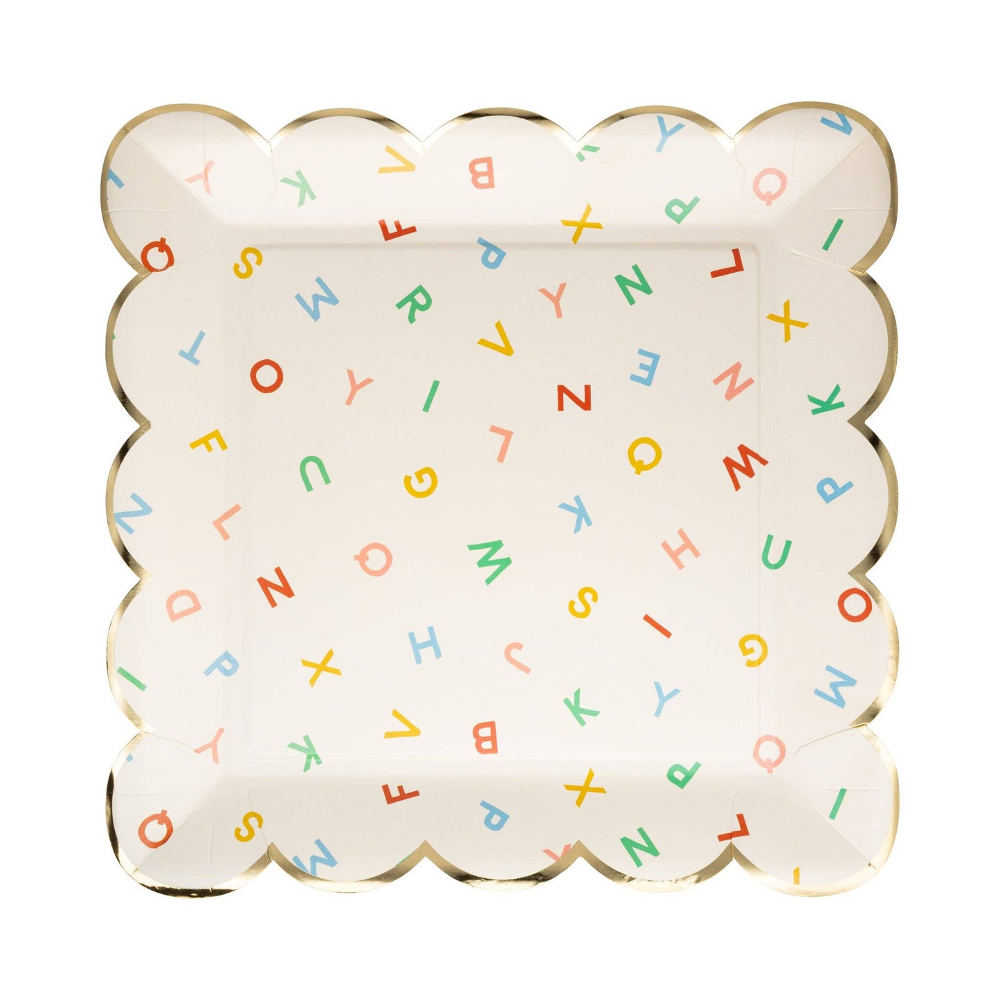scattered alphabet scalloped dinner plates - pack of 8 in primary colour letters 