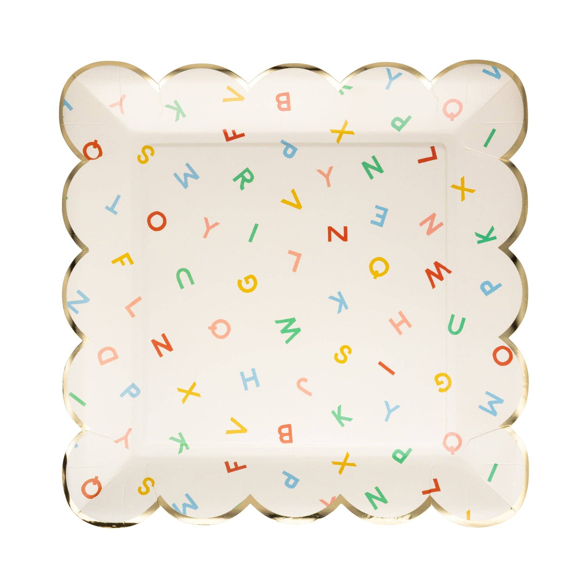 scattered alphabet scalloped dinner plates - pack of 8 in primary colour letters 