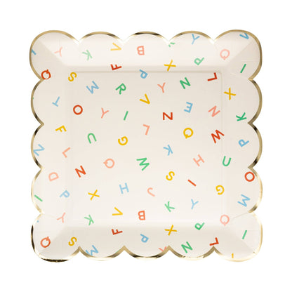 scattered alphabet scalloped dinner plates - pack of 8 in primary colour letters 