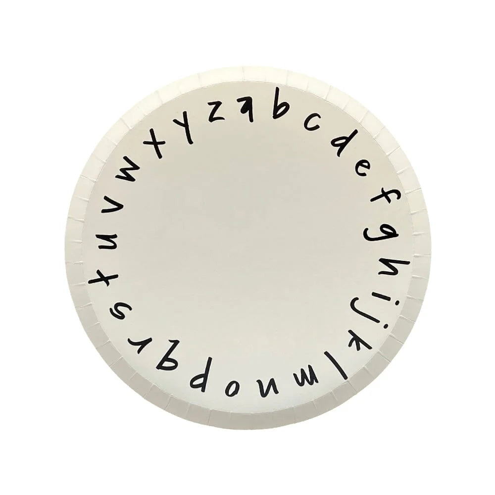 White paper plate with black lowercase alphabet around the rim, ideal for back-to-school parties in Toronto.