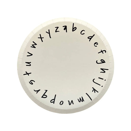 White paper plate with black lowercase alphabet around the rim, ideal for back-to-school parties in Toronto.
