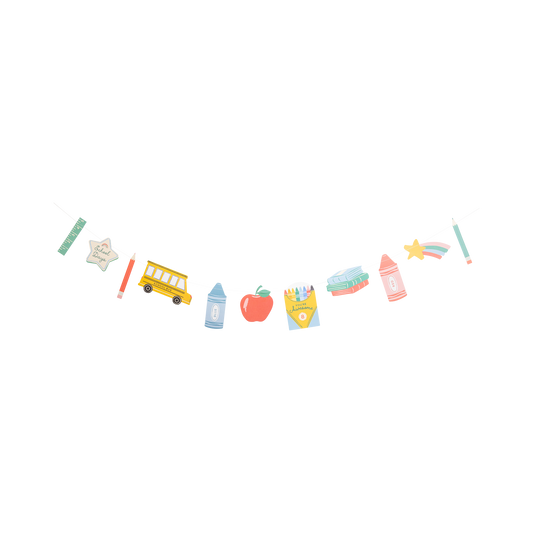 Back to school banner with colourful school themed icons available at our Toronto party shop.
