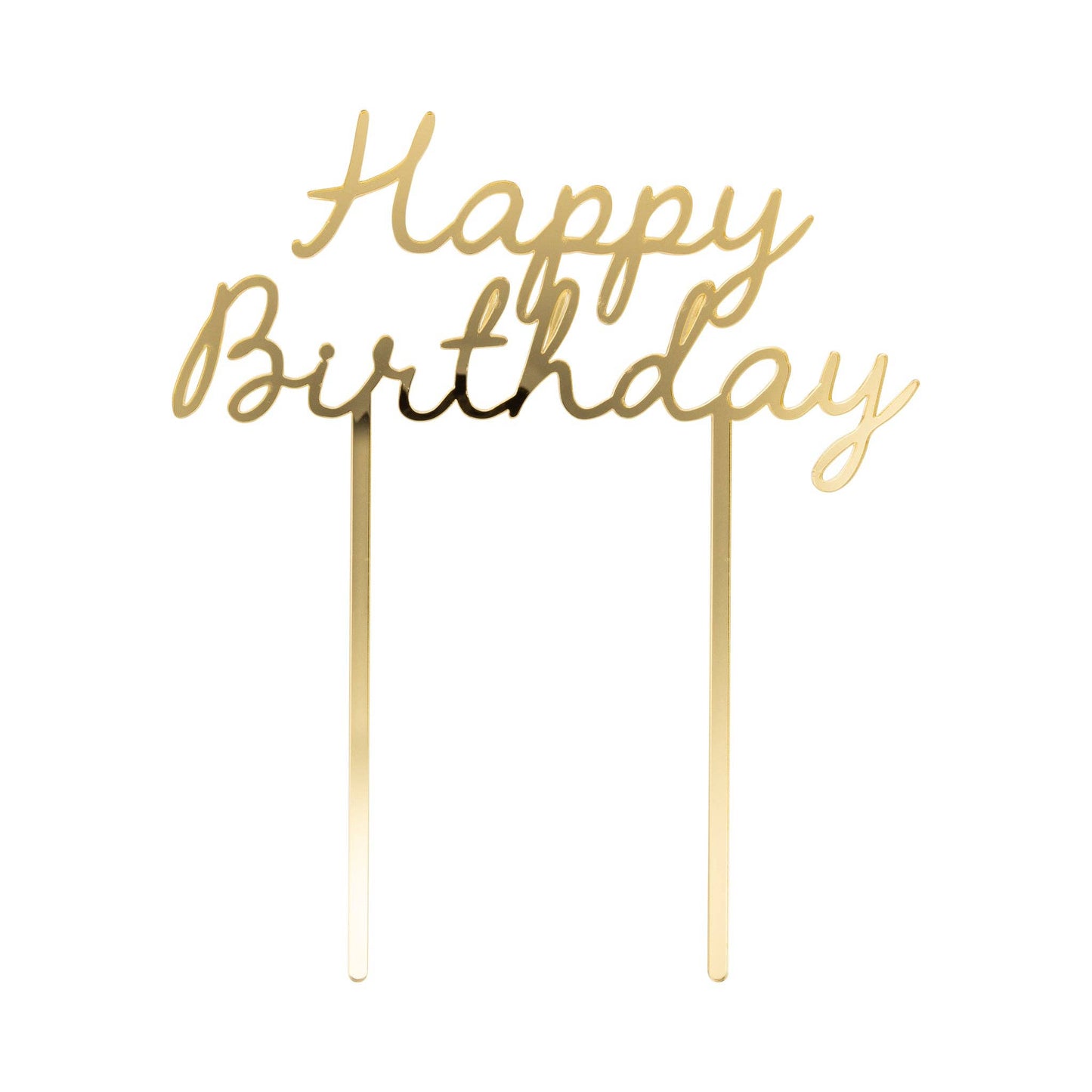 Gold “Happy Birthday” script cake topper with two picks, a stylish cake decoration available at our Toronto party shop.