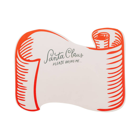 Santa scroll paper placemat with red and white design, festive Christmas table decor available across Canada.