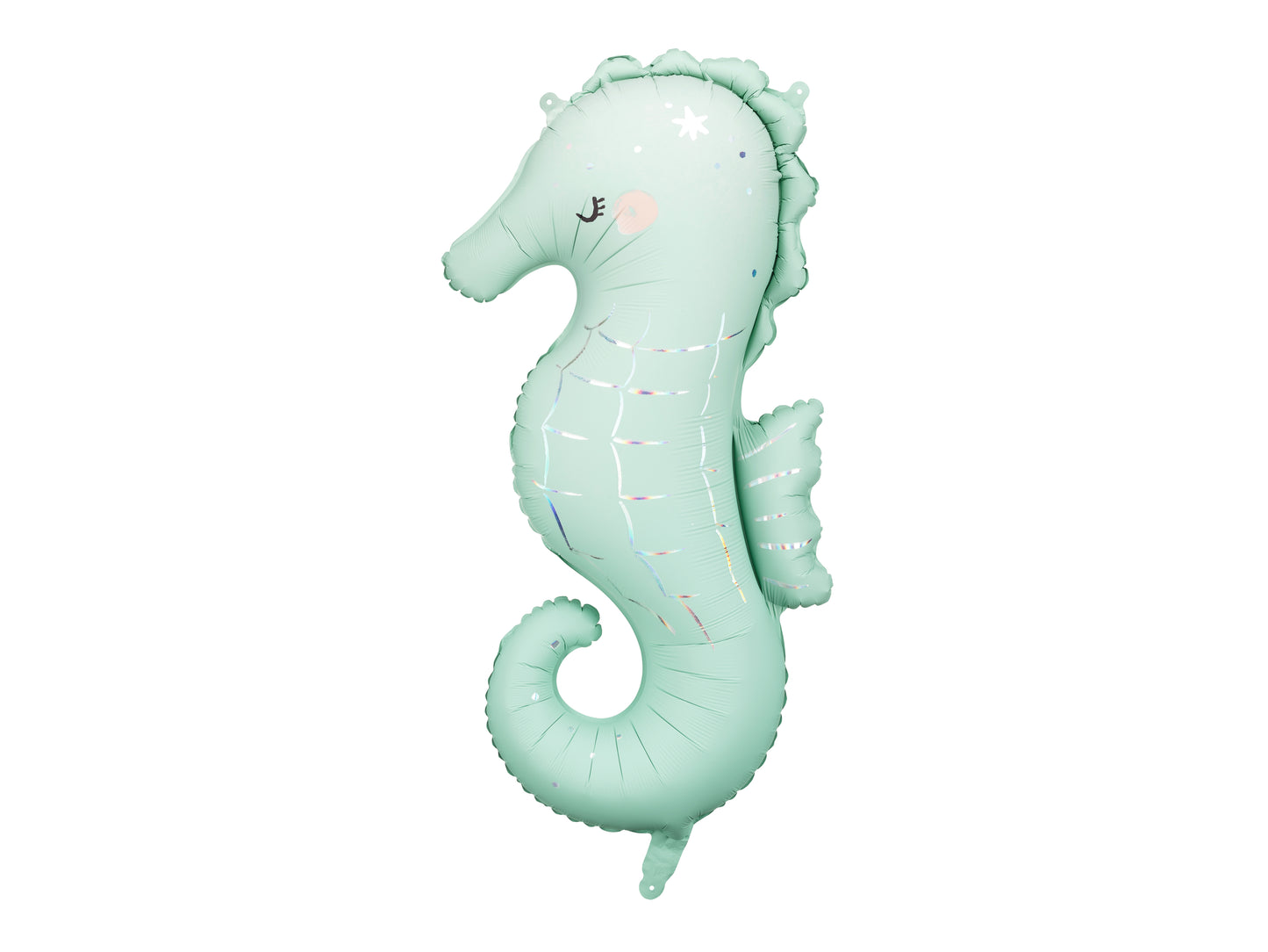Mint green seahorse-shaped balloon on a white background