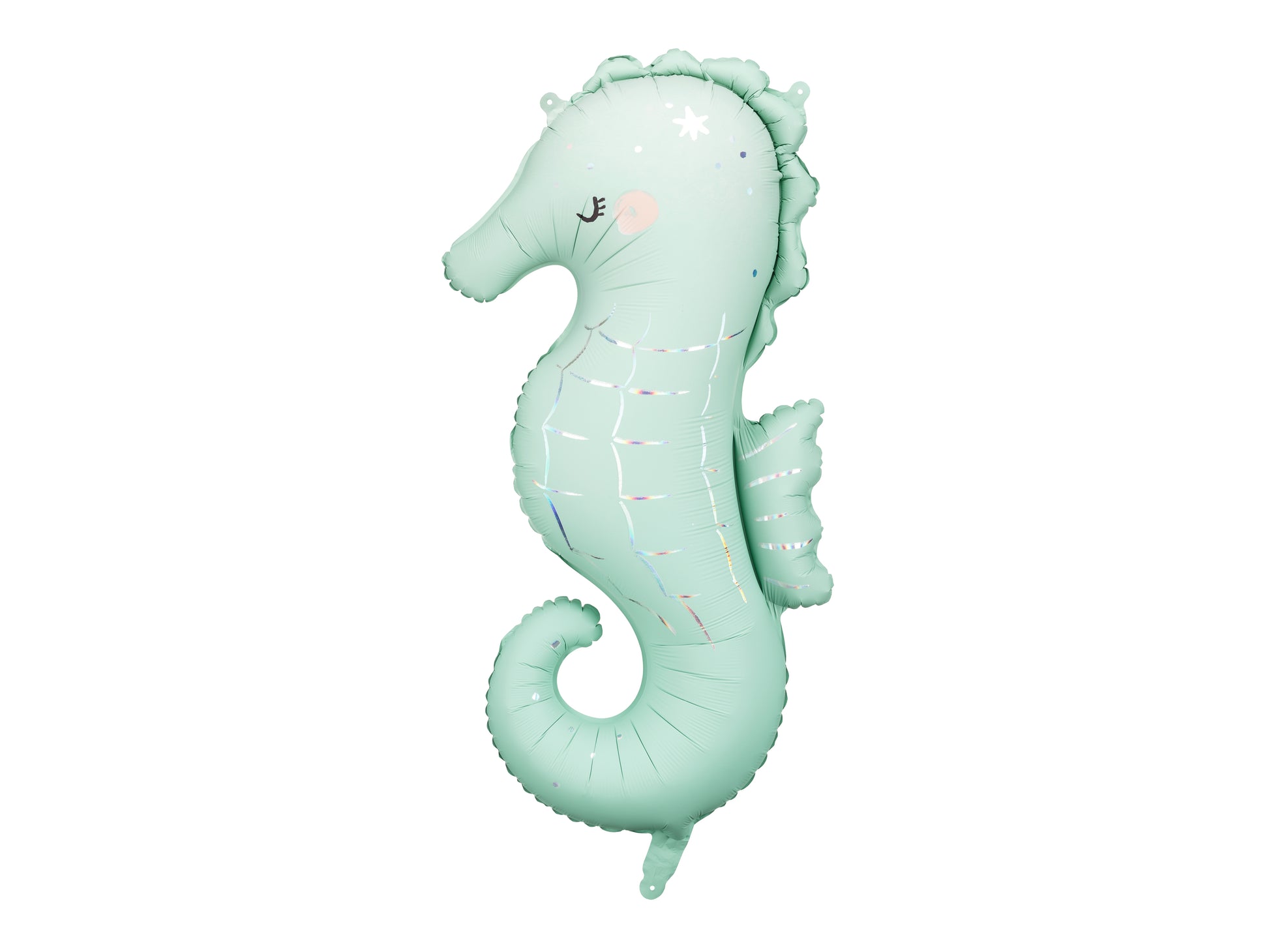 Mint green seahorse-shaped balloon on a white background