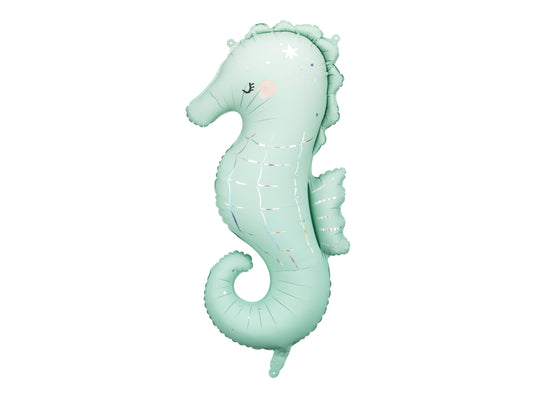 Mint green seahorse-shaped balloon on a white background