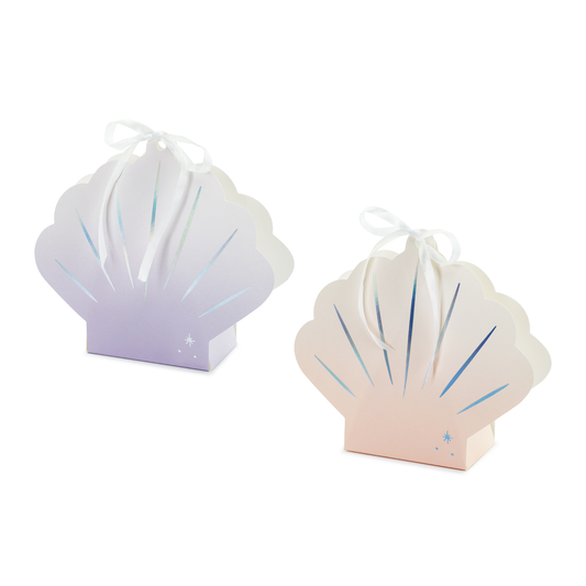 Seashell-shaped candy boxes in lavender and pink with ribbon, ideal for mermaid-themed celebrations, shipping across Canada.