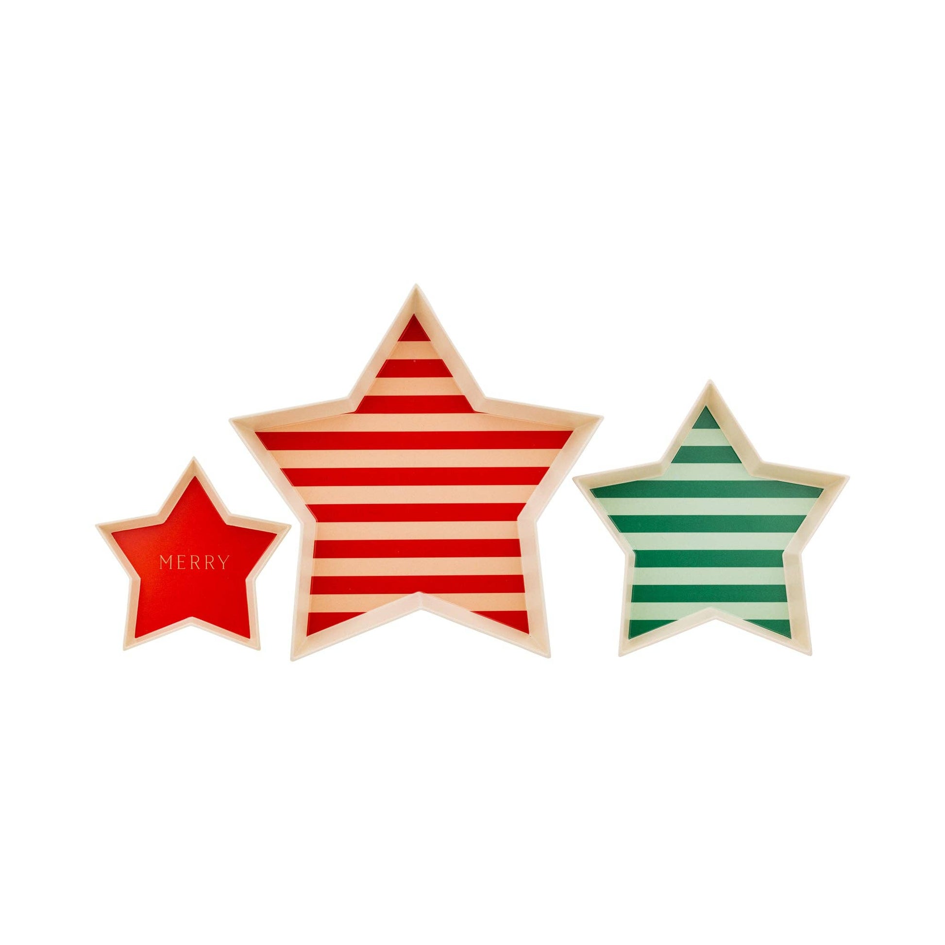 Set of three bamboo star trays in red and green stripes, perfect for holiday serving and entertaining.