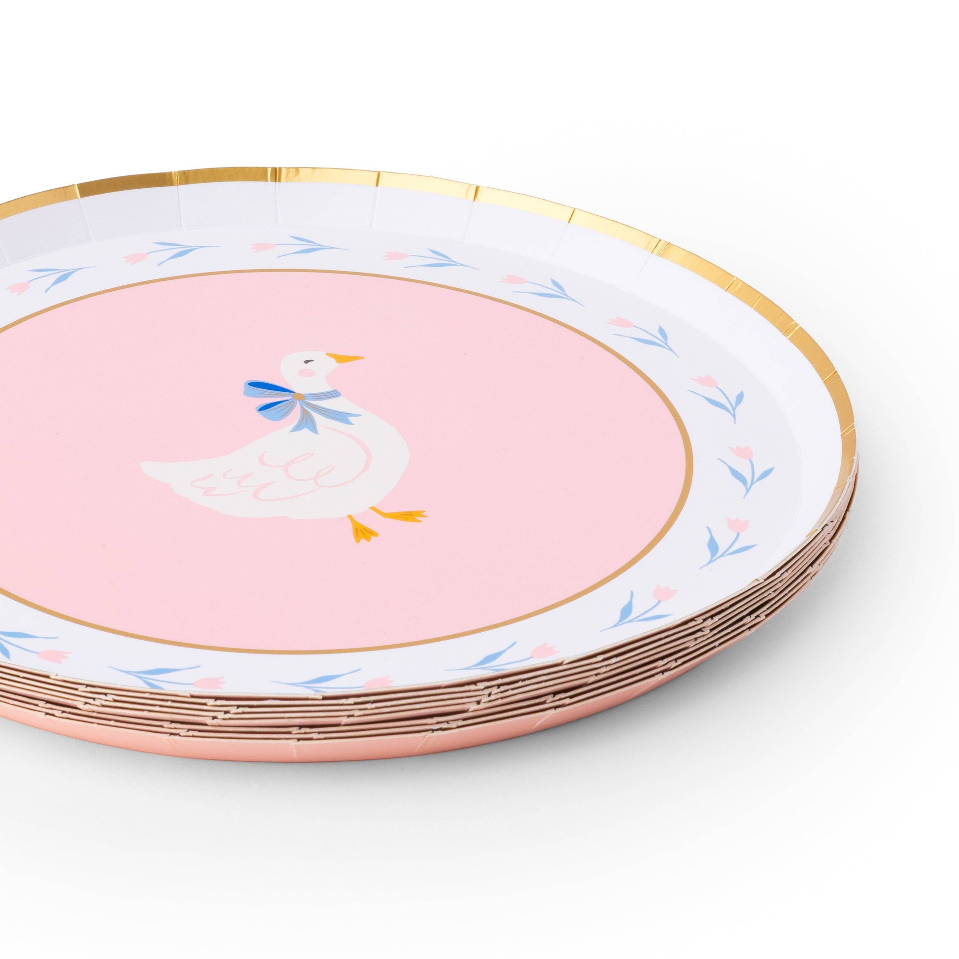 Stack of pink goose paper plates with gold foil rim and floral accents, available in Toronto and shipping across Canada