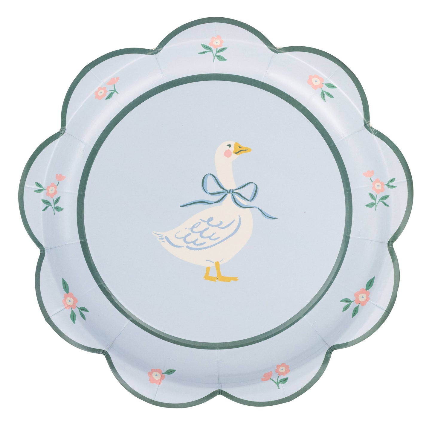 Silly goose scalloped dinner plate with floral border and blue bow detail, available in Toronto at Confetti My Party