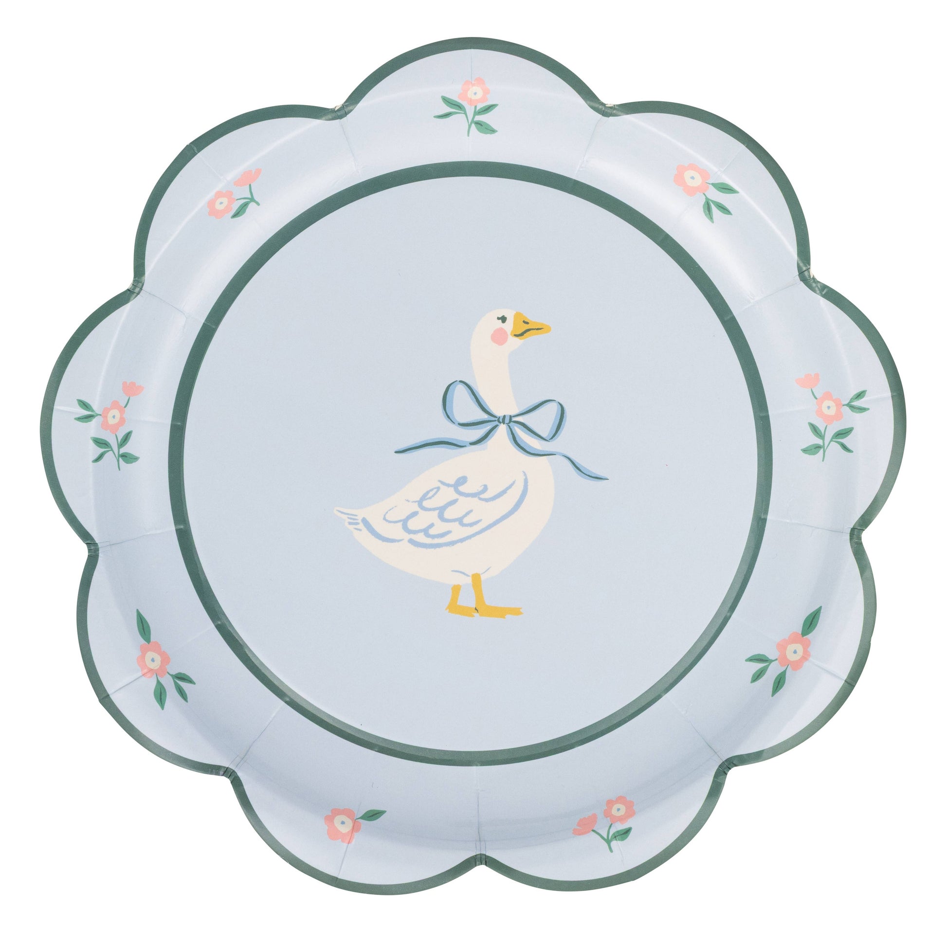 Silly goose scalloped dinner plate with floral border and blue bow detail, available in Toronto at Confetti My Party