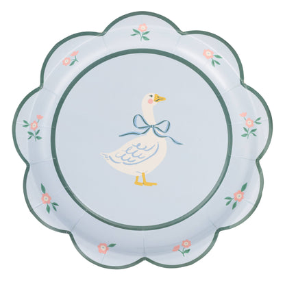 Silly goose scalloped dinner plate with floral border and blue bow detail, available in Toronto at Confetti My Party