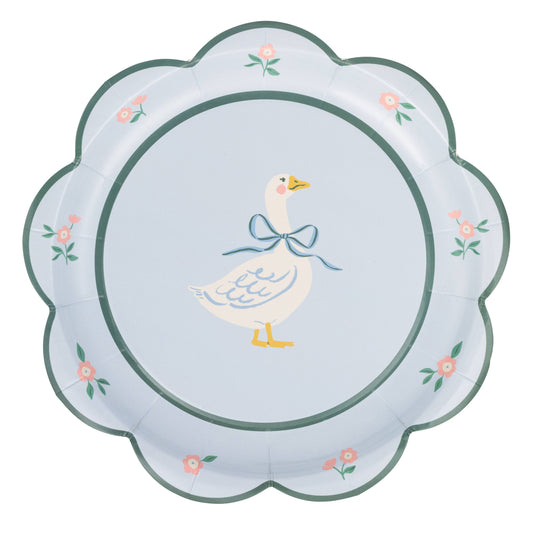 Silly goose scalloped dinner plate with floral border and blue bow detail, available in Toronto at Confetti My Party