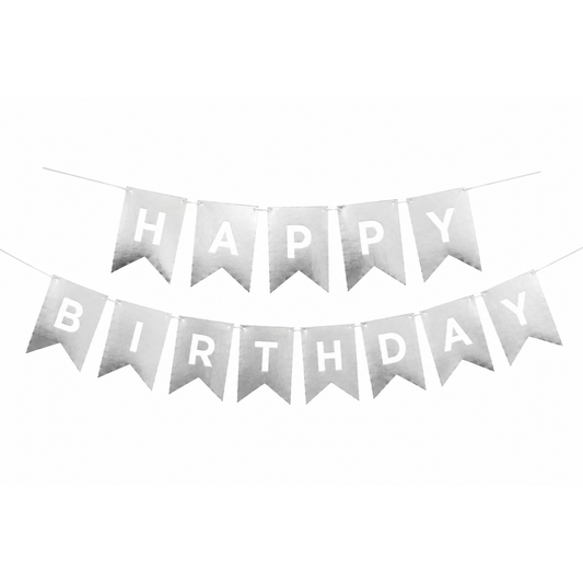 Silver metallic 'HAPPY BIRTHDAY' banner garland with triangular pennant flags on a white background.