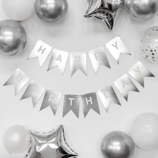 Silver 'Happy Birthday' banner with balloons on a white background