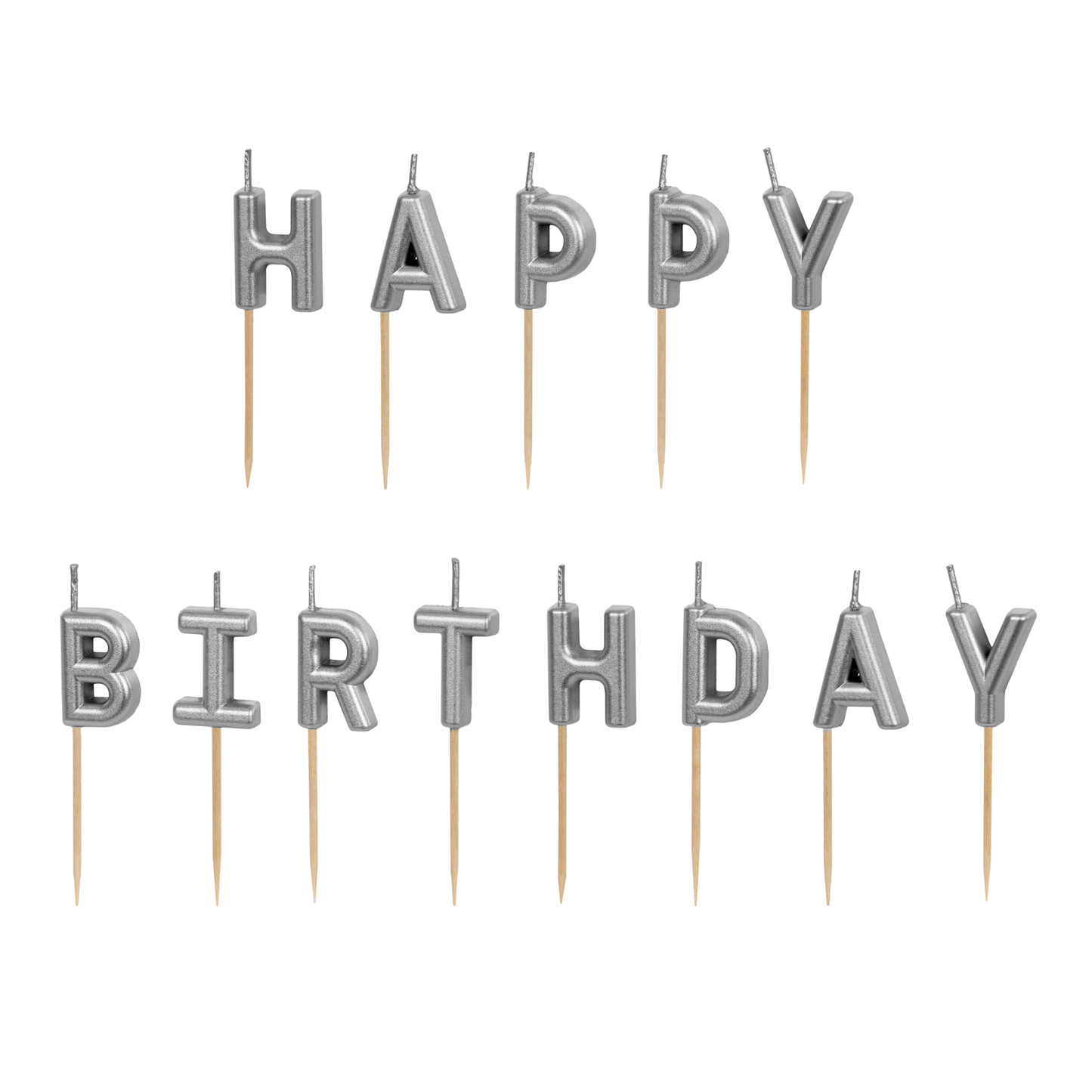 Silver Happy Birthday letter candles available at our Toronto party shop