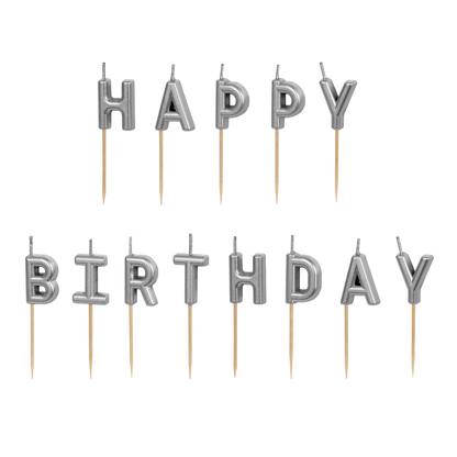 Silver Happy Birthday letter candles available at our Toronto party shop