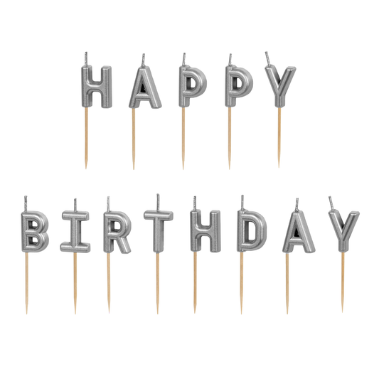 Silver Happy Birthday letter candles available at our Toronto party shop