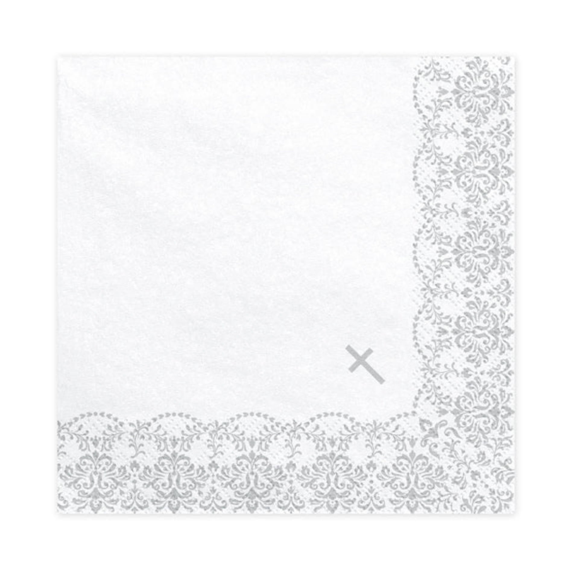 white napkins with silver embroidery and cross