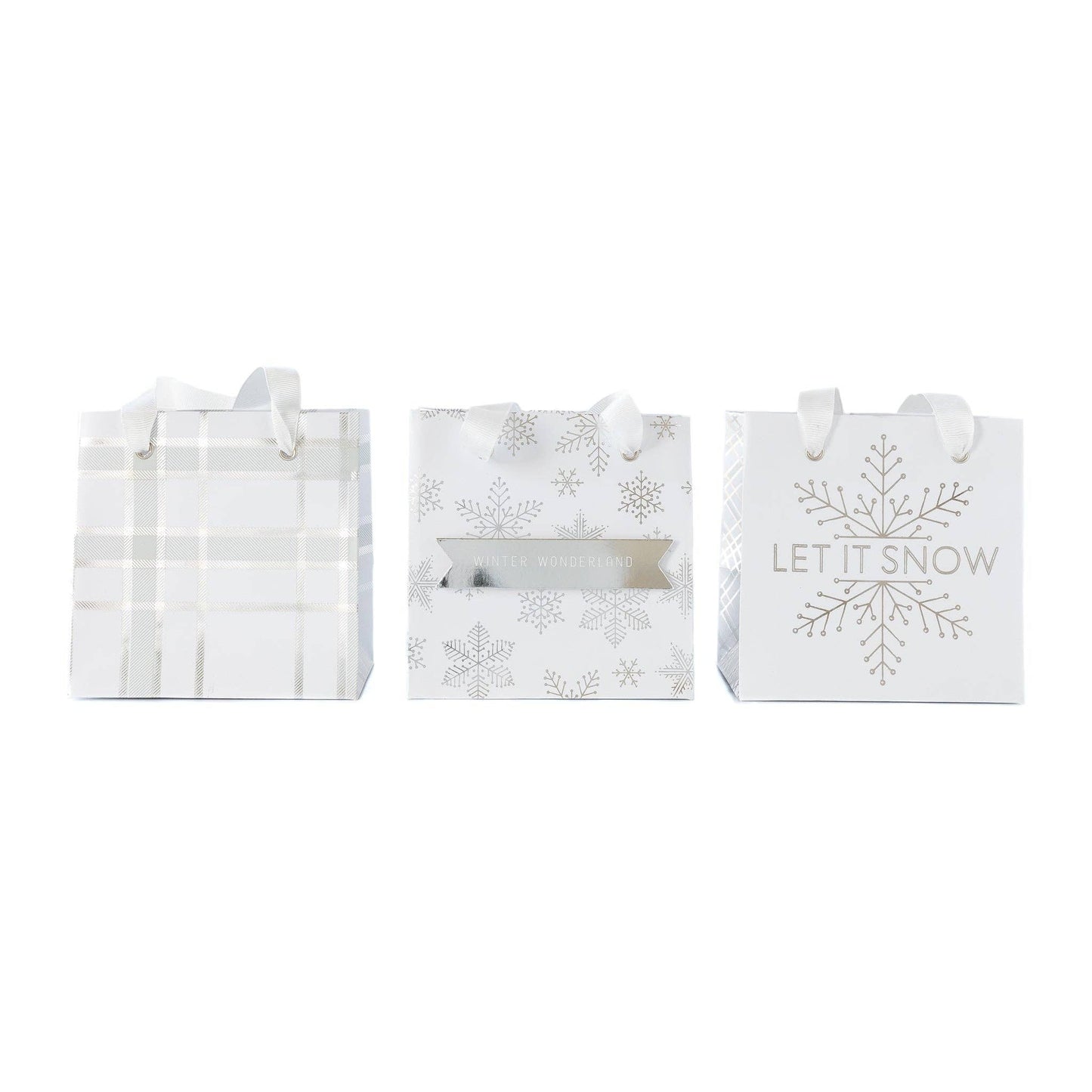 Three mini white holiday gift bags with snowflake designs. Pack of 6 in 3 designs (2 each). Pick up in Toronto and fast shipping in Canada.
