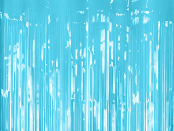 Packaged sky blue shiny fringe curtain backdrop, shown front and back with product dimensions and example party setup.