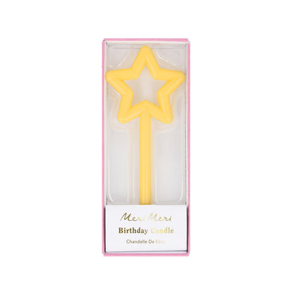 Yellow slim star candle by Meri Meri with long stick, available at Confetti My Party and ships across Canada for birthday cakes and parties.