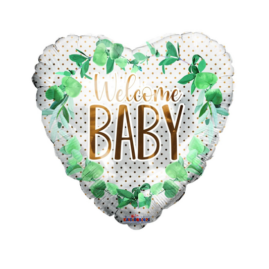 'welcome baby' small heart shaped foil balloon with gold dots and greenery 
