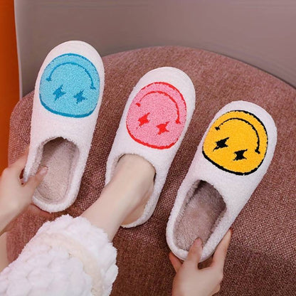 FUZZY LIGHTNING BOLT HAPPY FACE SLIPPERS - RED