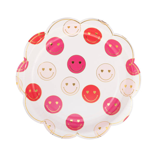 smiley paper plates with gold, red and pink happy faces - pack of 8 