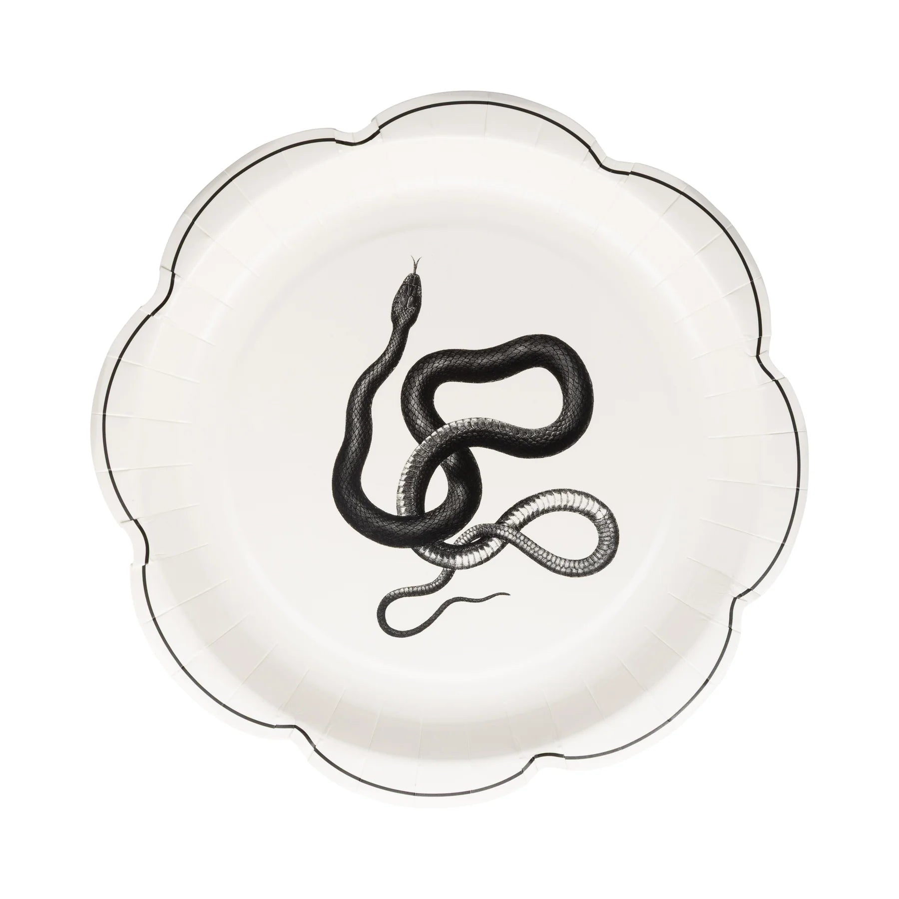 Decorative plate with a black snake design on a white background