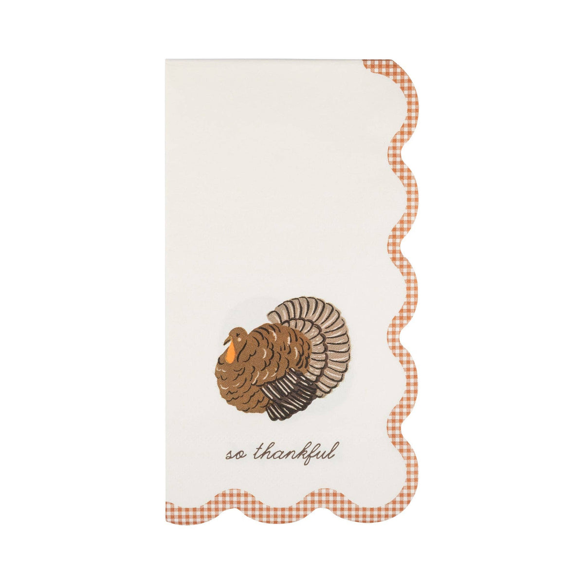 So Thankful turkey Thanksgiving guest napkins with orange gingham scalloped edge