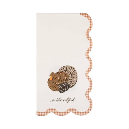 So Thankful turkey Thanksgiving guest napkins with orange gingham scalloped edge