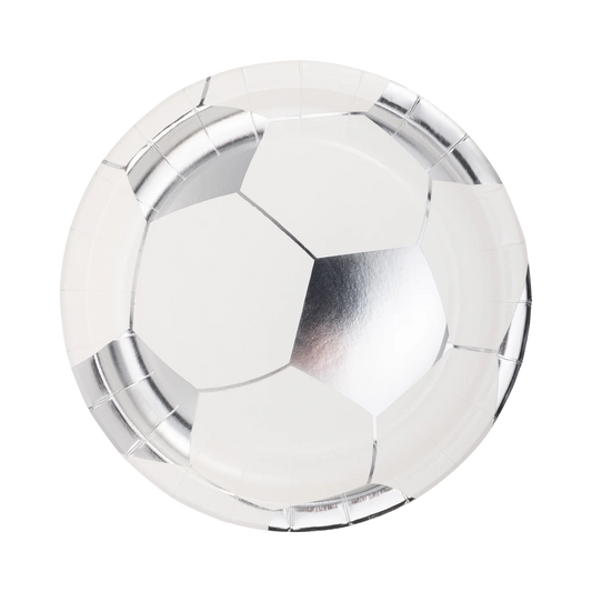 white and silver soccer ball plates