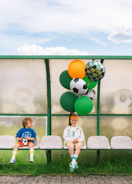 Soccer Happy Birthday foil balloon in green and gold, available in Toronto and ships across Canada. 
