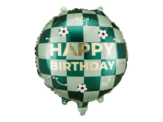 Soccer Happy Birthday foil balloon in green and gold, available in Toronto and ships across Canada.